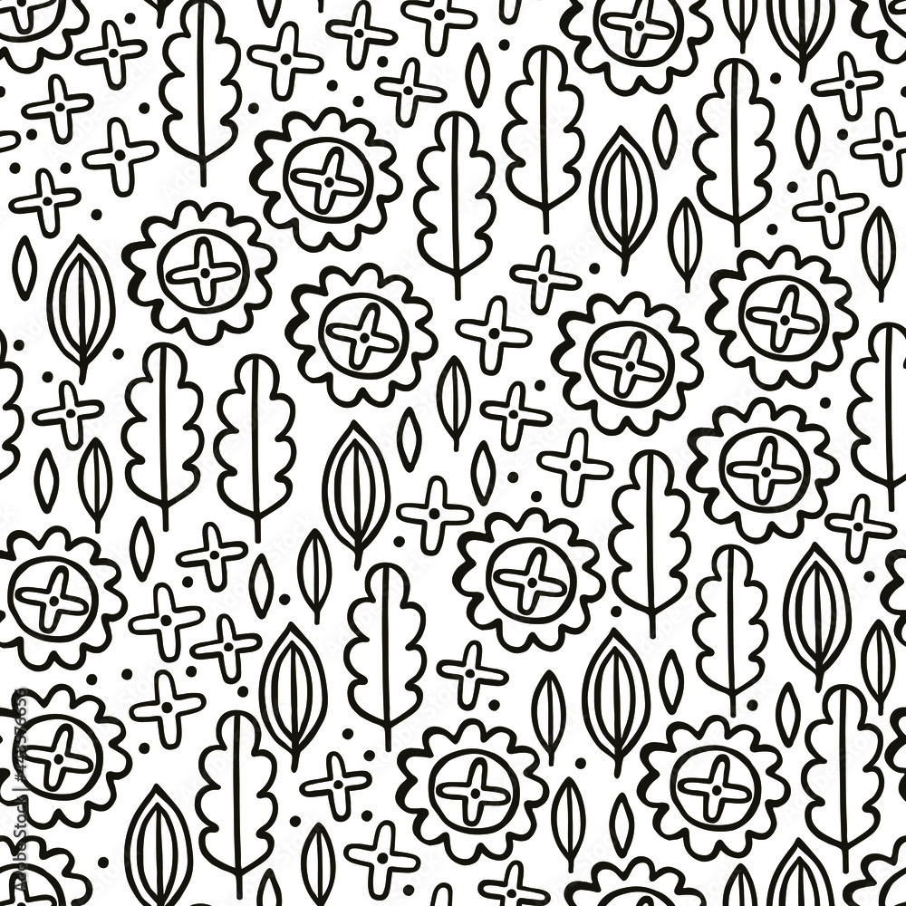 Seamless pattern with flowers in hand-drawn style. Black and white ...