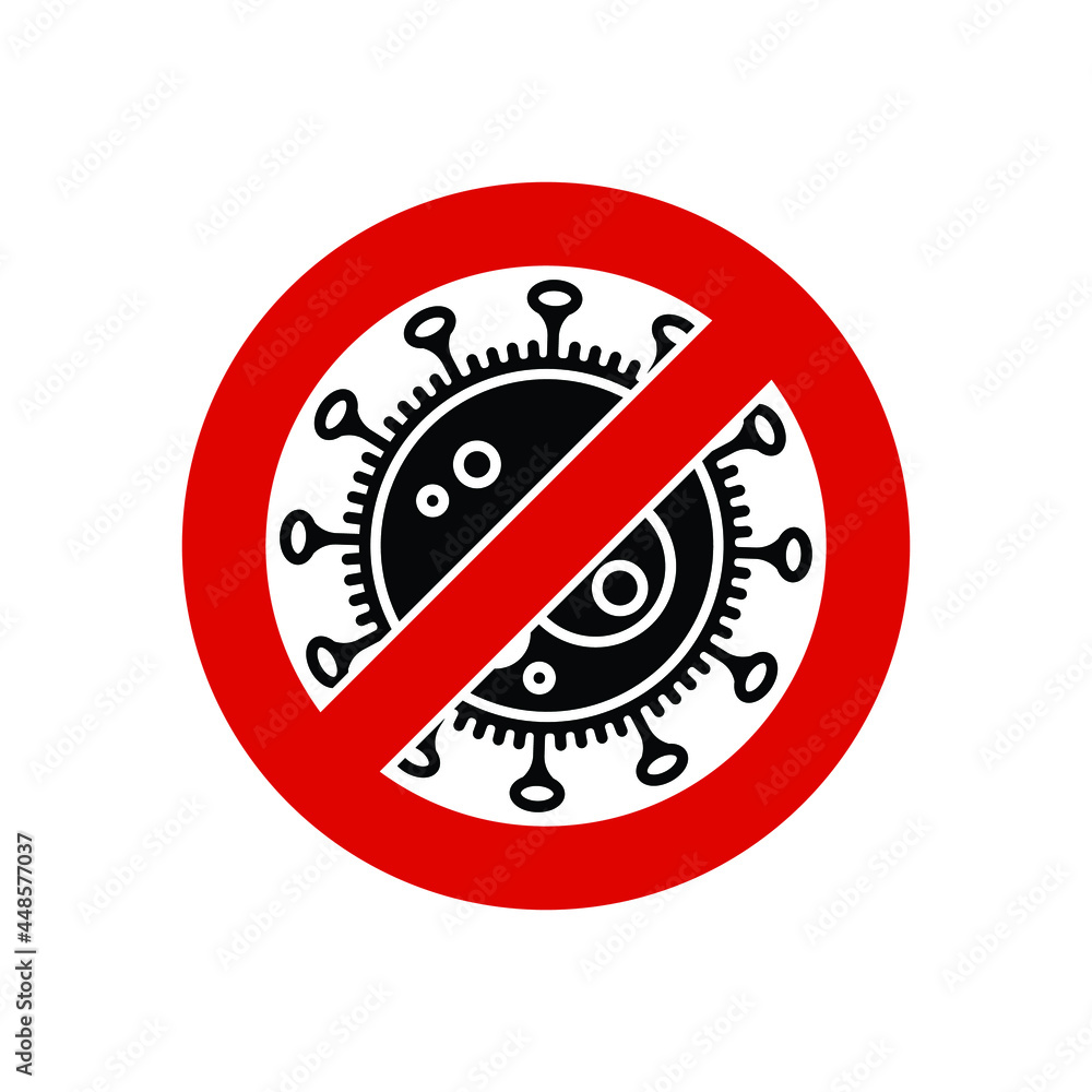 COVID-19 or 2019–nCoV virus prohibition sign. Isolated microbe on red circle with white field. COVID-19 or 2019–nCoV virus prohibition sign. Isolated microbe on red circle with white field.