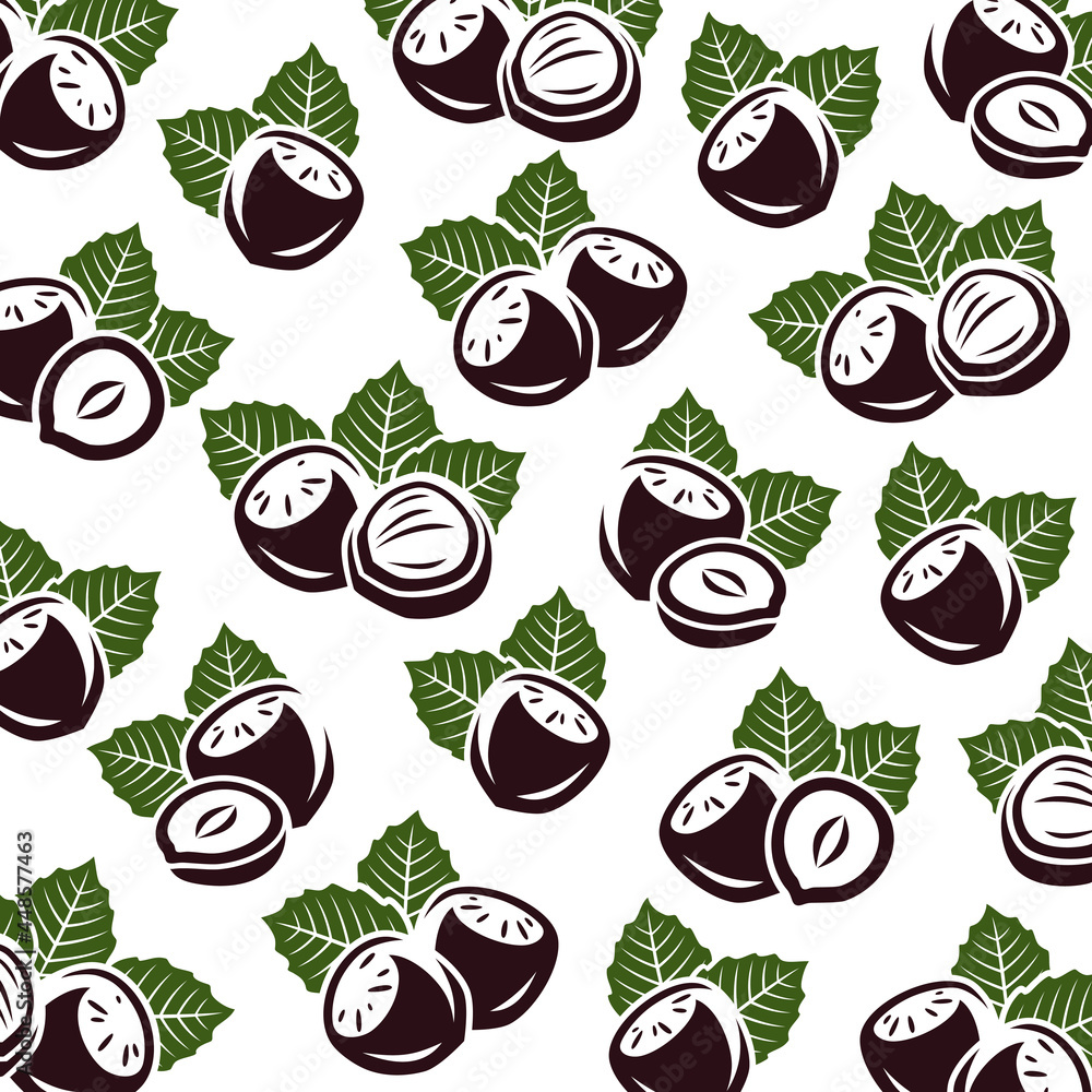 Hazelnut nuts pattern background set. Collection icons hazelnut nuts. Vector