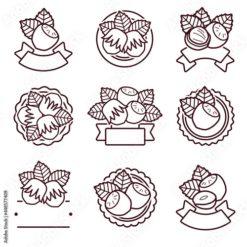 Hazelnut nuts label and icons set. Collection icon hazelnut nuts. Vector