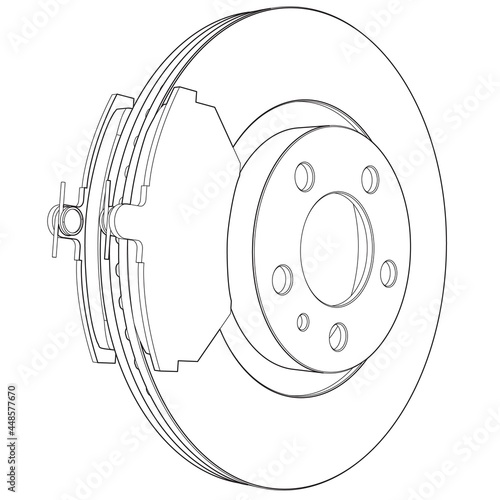 Vector disk brake with pads line art isolated on white