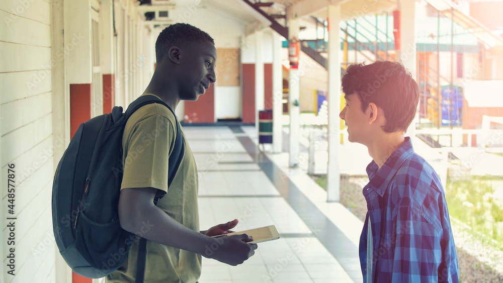 Obraz premium Caucasian and african teenager friends talking in the school hallway