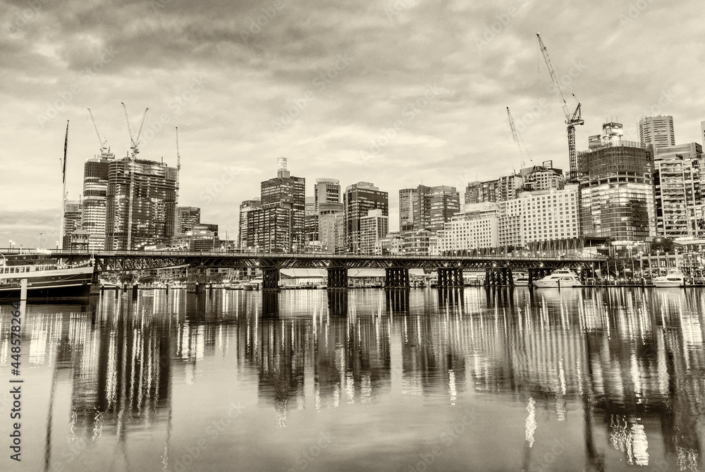 Black and white view of Darling Harbour, Sydney - Australia