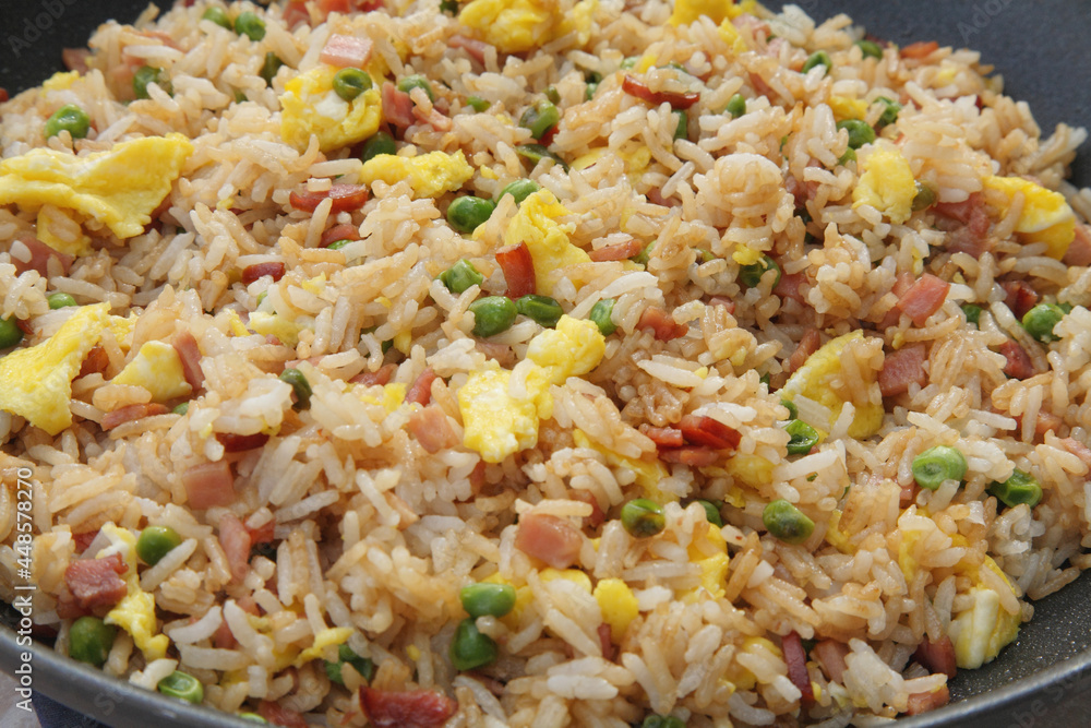 cooked ham fried rice close up showing detail cooked ham fried rice close up showing detail