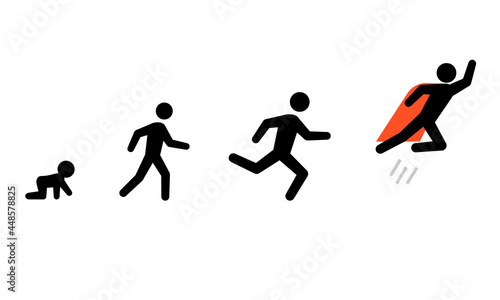 Crawl Walk Run Fly stickman icon set. Clipart image isolated on white background photo