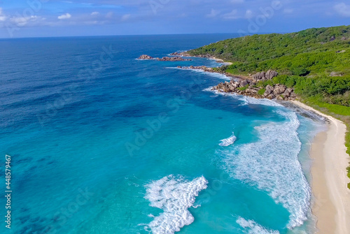 Aerial view of beautiful beach in La Digue, Seychelles
