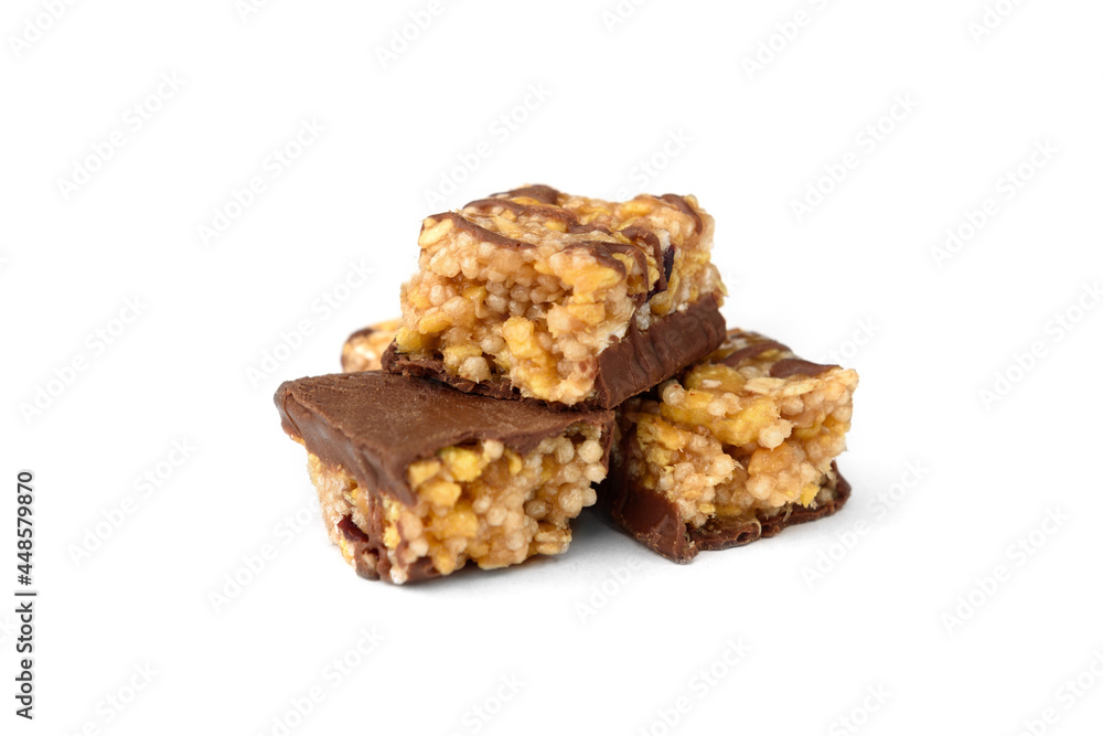 Granola bar with chocolate isolated on white background. Granola bar with chocolate isolated on white background.