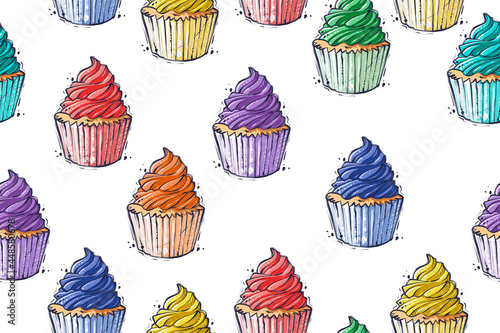 Seamless pattern of cupcakes of rainbow colors, vector