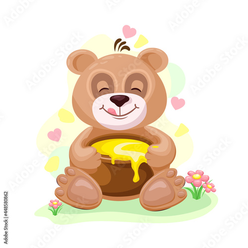 Fototapeta Naklejka Na Ścianę i Meble -  Cute teddy bear with honey pot in cartoon style. The bear loves honey. Vector children's illustration.