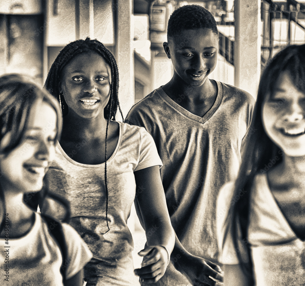 Fototapeta premium Happy multi ethnic group of teenagers at school talking