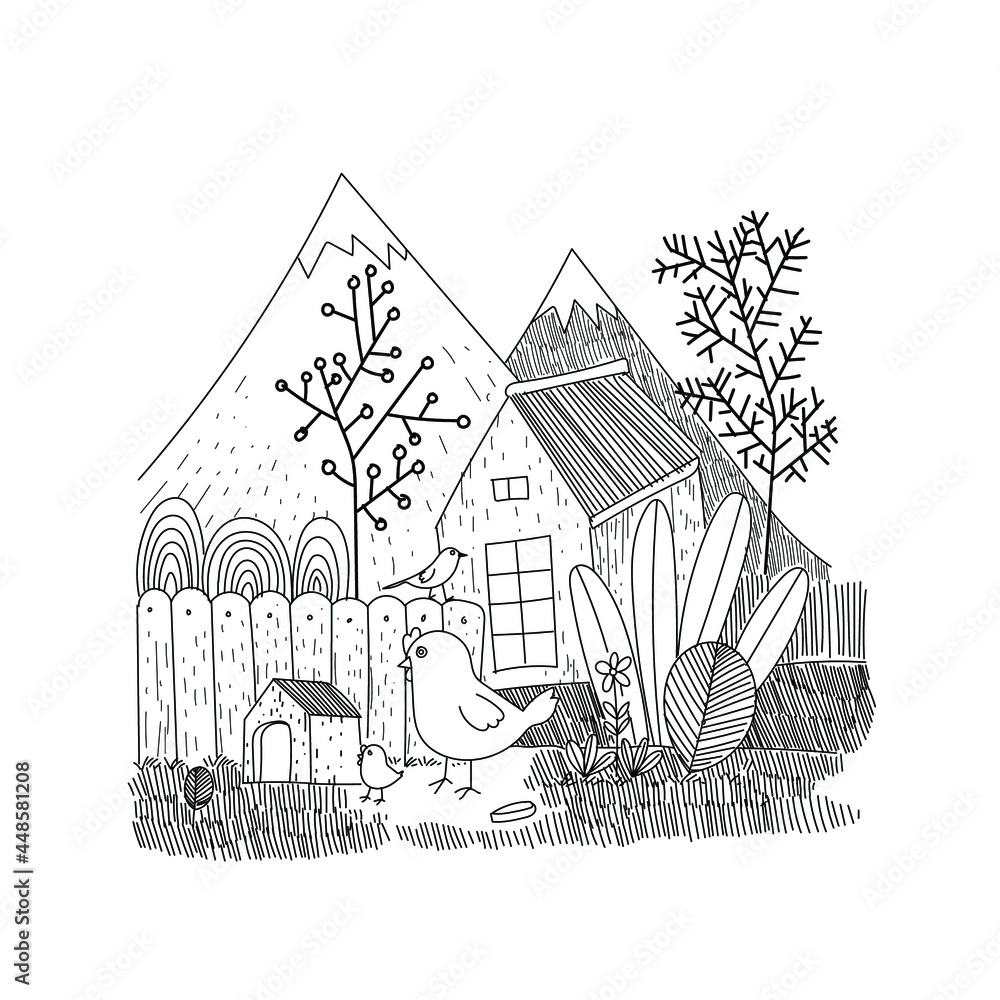 forest trees clipart black and white hen