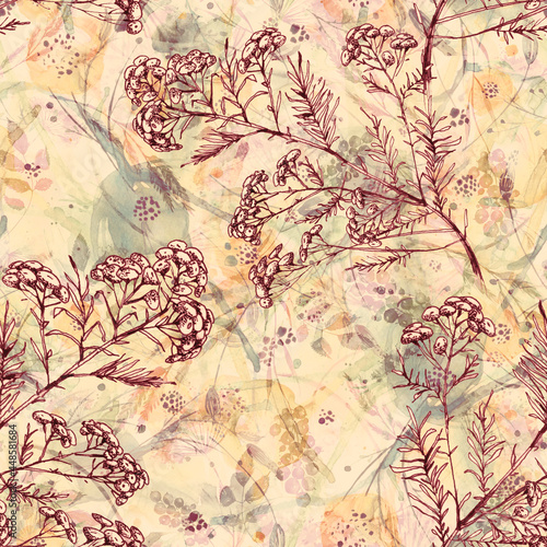 Watercolor seamless pattern  background with a floral pattern. Watercolor background  drawing with autumn with forest flowers  leaves  plants  berries branch. botanical illustration. Abstract splash