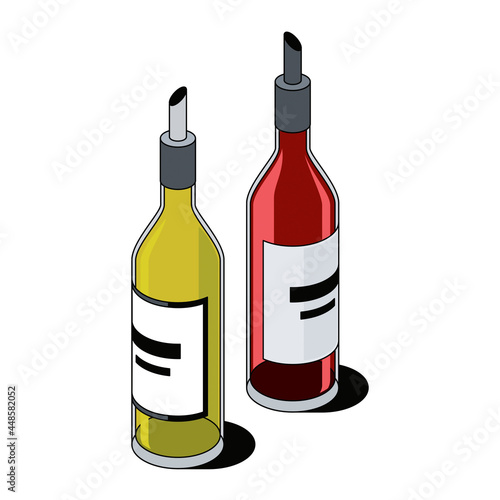 Olive oil, wine vinegar. Vector 3d sketch line isometric, color icon illustration, flat style. Creative design idea and elements for infographics and website.