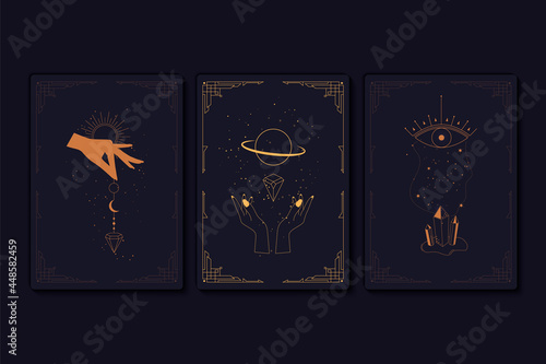 Set of mystical tarot cards. Elements of esoteric, occult, alchemical and witch symbols