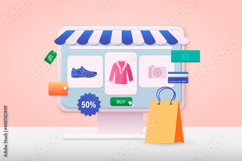 3D Web Illustrations. Online shopping.Design graphic elements, signs, symbols. Mobile marketing and digital marketing