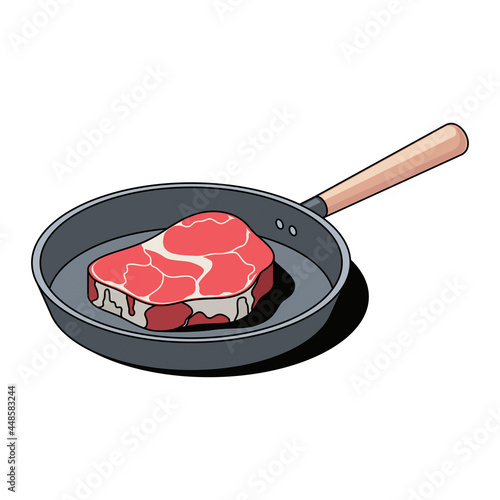 Steak in a frying pan. Vector 3d sketch line isometric, color icon illustration, flat style. Creative design idea and elements for infographics and website.