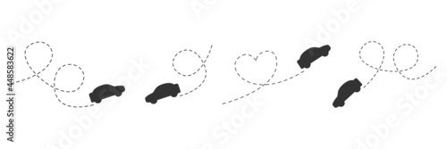 Car icon set. Black automobile silhouette driving on dotted route. Car symbol collection. Journey and travel concept. Vector isolated