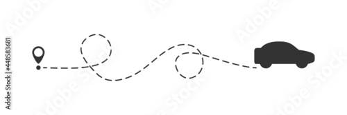 Car icon with location pin. Black automobile silhouette driving on dotted route. Car symbol. Journey and travel concept. Vector isolated