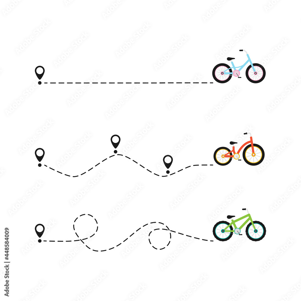 Cute colorful bicycles with start location pin. Different color bikes. Healthy lifestyle. Travel concept. Vector illustration isolated on white Cute colorful bicycles with start location pin. Different color bikes. Healthy lifestyle. Travel concept. Vector illustration isolated on white