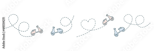 Cute moped icon set. Scooter driving on dotted route. Cartoon colorful scooters. Vector isolated on white