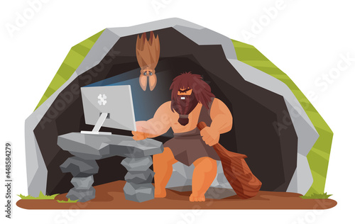 Ancient caveman using computer in prehistoric cave vector illustration. Cartoon stone age wild man character sitting with pc and wooden club in hand, neanderthal people evolution isolated on white