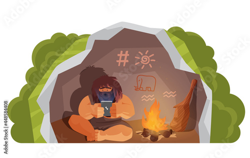 Stone age primitive man holding mobile phone modern technology vector illustration. Cartoon wild prehistoric caveman character sitting in cave with telephone, progress evolution isolated on white