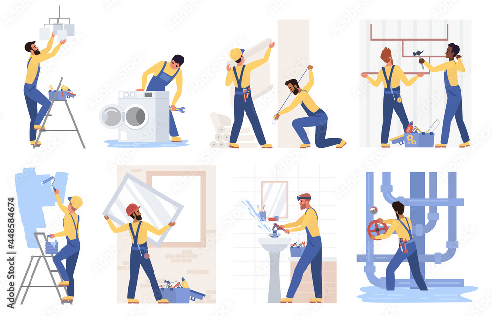 Repair construction service set vector illustration. Cartoon handyman fixing plumbing, washing machine in bathroom, plumber repairing pipe, repairman worker working with paint roller isolated on white