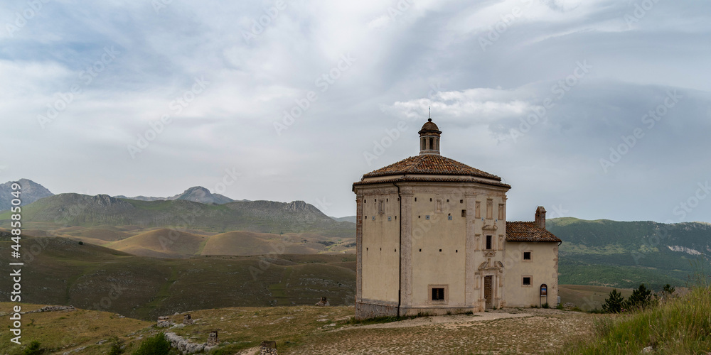 Rocca Calascio, Abruzzo, Gran Sasso, Italy. June 2021.Church of Santa Maria della Pietà. It rises at the foot of the fortress of Calascio.