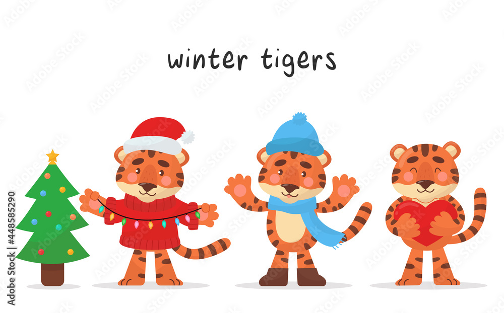 Set of three cute tiger characters. Character for each winter month. Vector cartoon style. Illustrations are suitable for children's products, stickers, banners and posters.