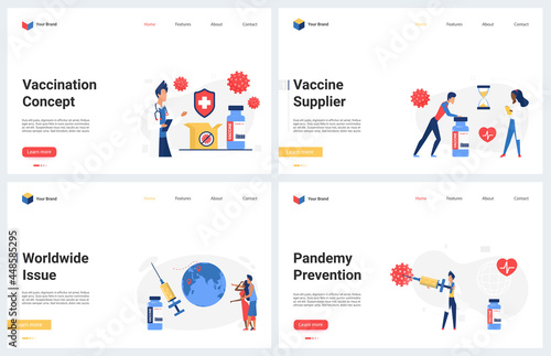 Vaccination against corona virus, prevention measure to protect health immunity, world immunization vector illustration. Cartoon modern concept landing page set with medical worker and vaccine syringe