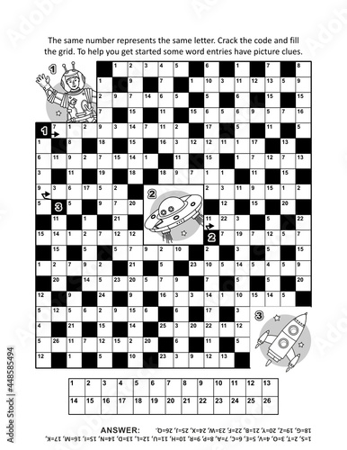 Codebreaker (or codeword, or code cracker) crossword puzzle or word game with about 8 outer space exploration themed words and 3 picture clues. Answer included.
