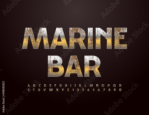 Vector stylized banner Marine Club. Rusty Gold Font. Silver aged set of Alphabet Letters and Numbers