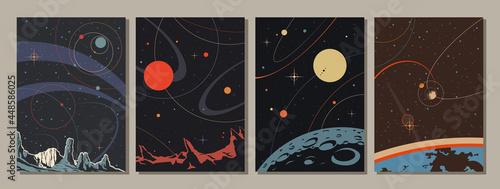 Abstract Space Illustration Set, Retro Style Art, Planets, Satellites, Stars photo