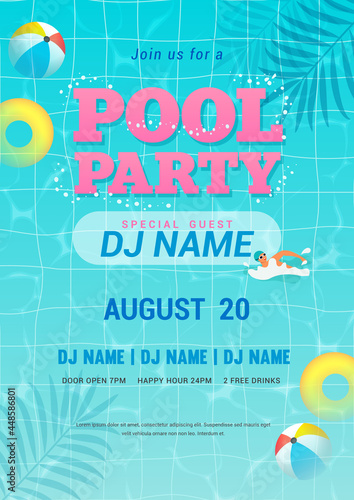 Pool party invitation poster vector illustration. Top view of swimming pool blue water surface