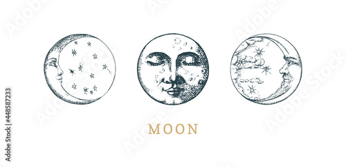 Set of Moon drawings. Crescent sketches in vector.