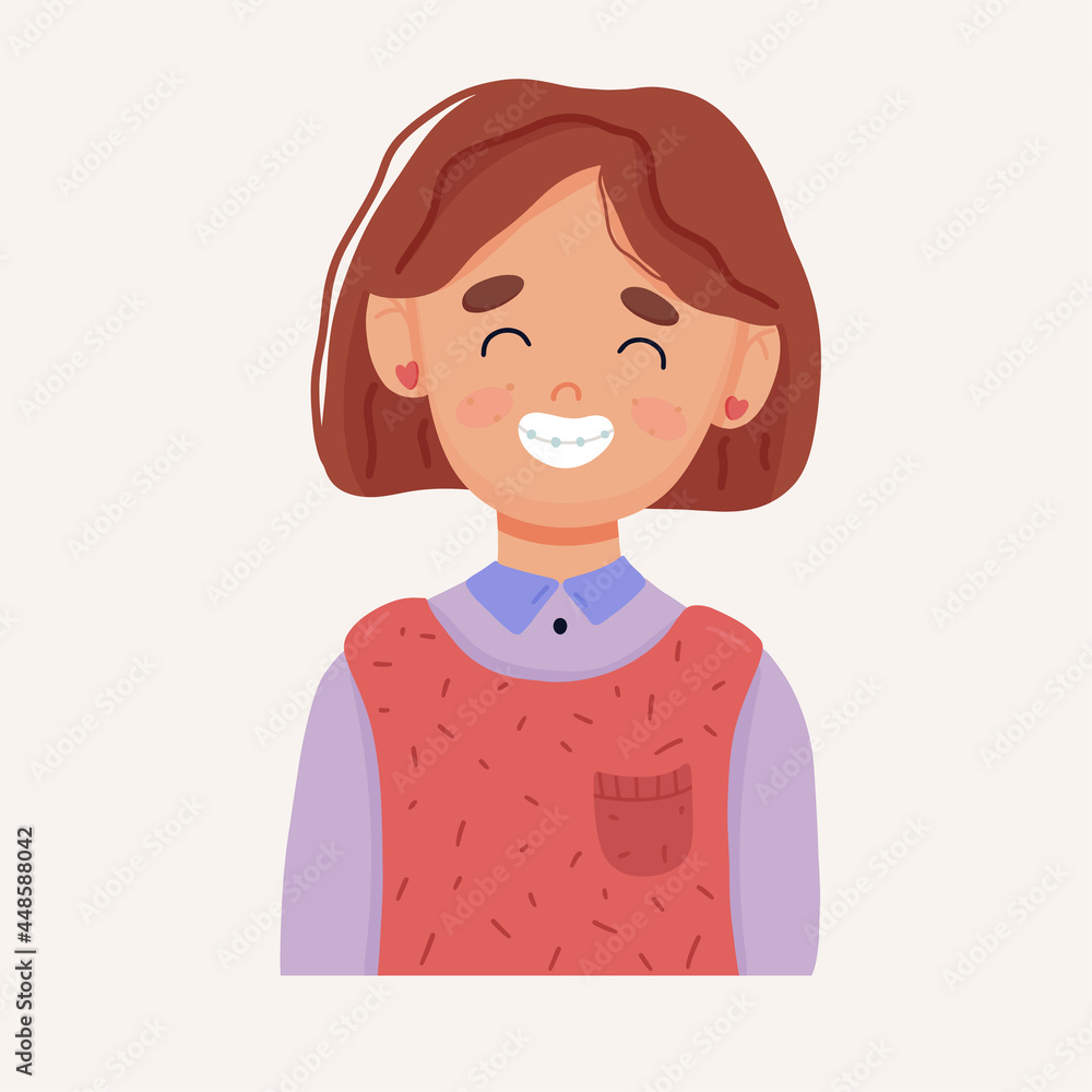 Cute school-age girl with braces. Healthy smile concept. Vector illustration Cute school-age girl with braces. Healthy smile concept. Vector illustration