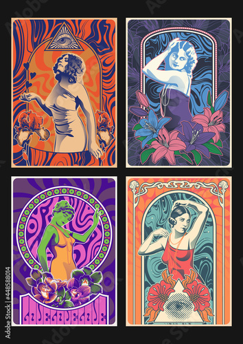 Beauty Women and Flowers, 1960s Psychedelic Posters Style Illustrations, Art Nouveau Frames, Wavy Backgrounds