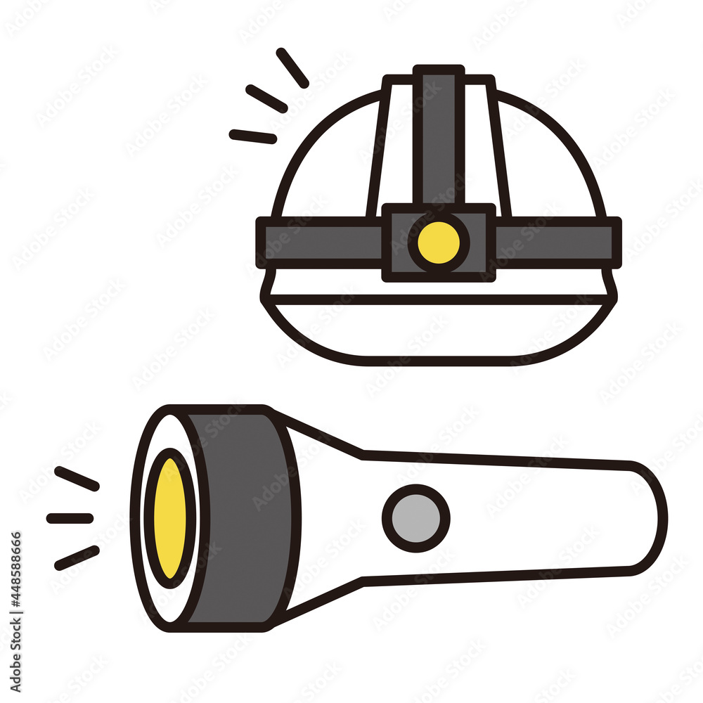 シンプル イラスト ヘルメットとヘッドライトと懐中電灯のベクターイラスト Stock Vector Adobe Stock