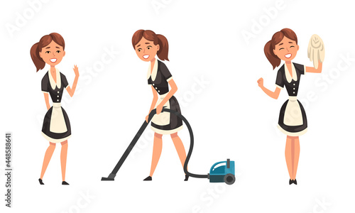 Smiling Maid or Housemaid in Black Dress and White Apron Vacuum Cleaning and Swiping Vector Set
