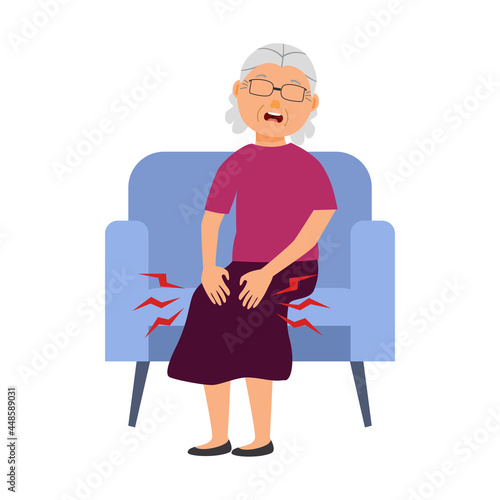 Senior woman have knee pain, leg pain in flat design on white background. Old lady use hand touching on leg and massage to relax her muscle.