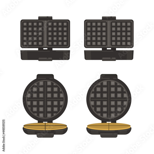 Vector illustration of two types of open waffle-iron, rectangular and round with a waffle.