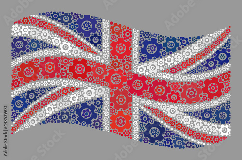 Mosaic waving United Kingdom flag designed with component icons. Vector cog wheel mosaic waving United Kingdom flag combined for service projects.