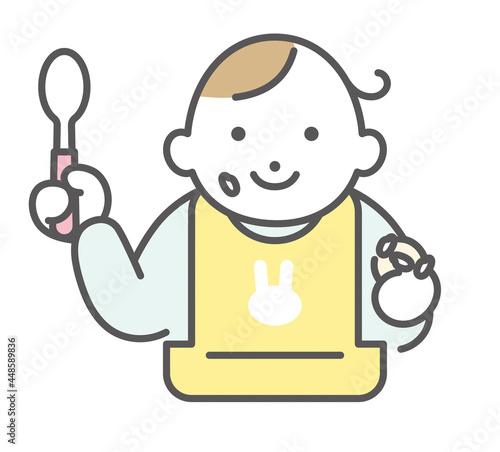 シンプル　イラスト　スタイをつけてつかみ食べをする赤ちゃん