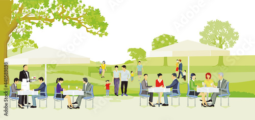 Menschen die in der Natur im vor einem Restaurant und Cafe sitzen Illustration