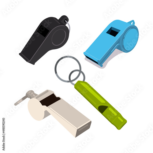 Vector illustration of whistles of different shapes and colors.