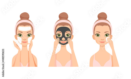 Face Care Routine with Young Girl with Pink Headband Applying Mask on Skin Vector Set