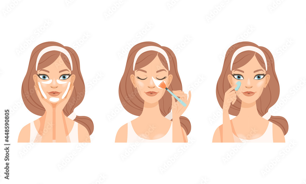 Face Care Routine with Young Girl with Pink Headband Applying Patches and Massaging Skin Vector Set Face Care Routine with Young Girl with Pink Headband Applying Patches and Massaging Skin Vector Set