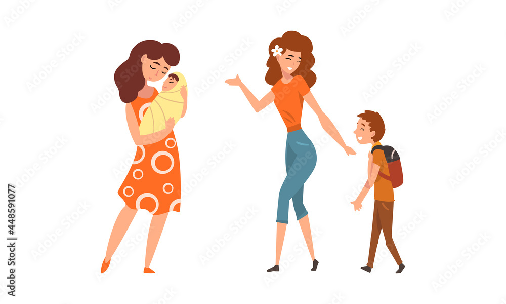 Young Mother Holding Baby with Arms and Walking with Her Son Vector Set Young Mother Holding Baby with Arms and Walking with Her Son Vector Set