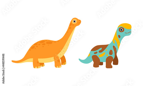 Funny Dinosaur with Spots as Cute Prehistoric Creature and Comic Jurassic Predator Vector Set