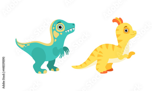 Funny Dinosaur as Cute Prehistoric Creature and Comic Jurassic Predator Vector Set